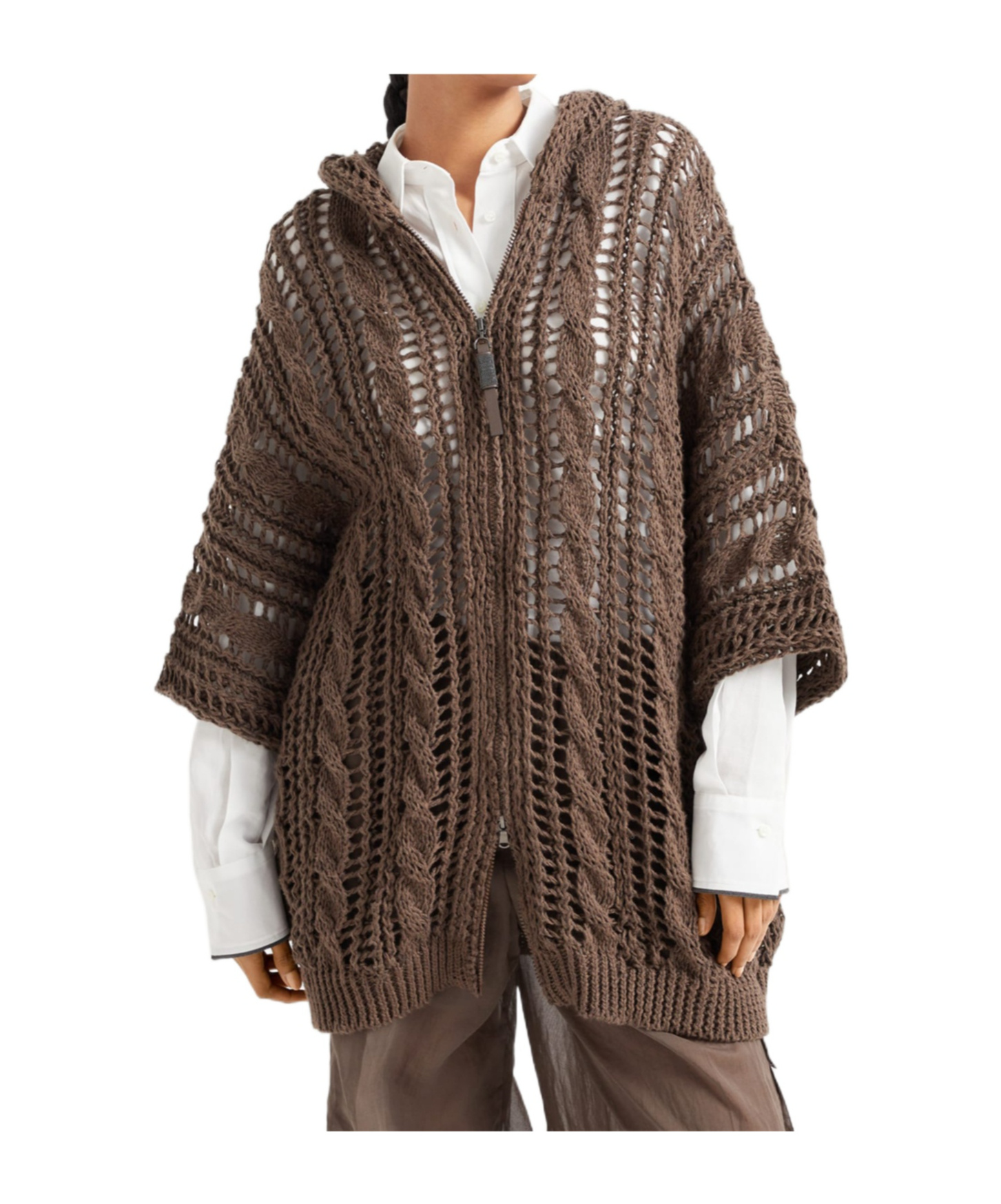 Brunello Cucinelli Knitwear Hooded Open-knit Cardigan Short Sleeves In Brown