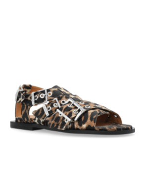 Ganni Feminine Buckle Flat Strap Sandals Leopard In Black