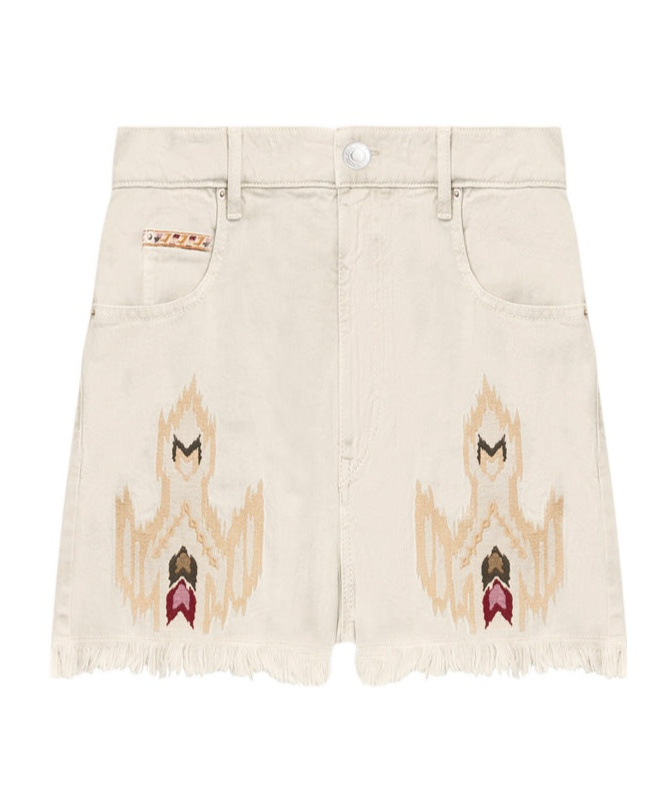 Isabel Marant Étoile Lesia Beige Shorts With Fringed Hem And Embroidered Motif In Denim Woman In Pink