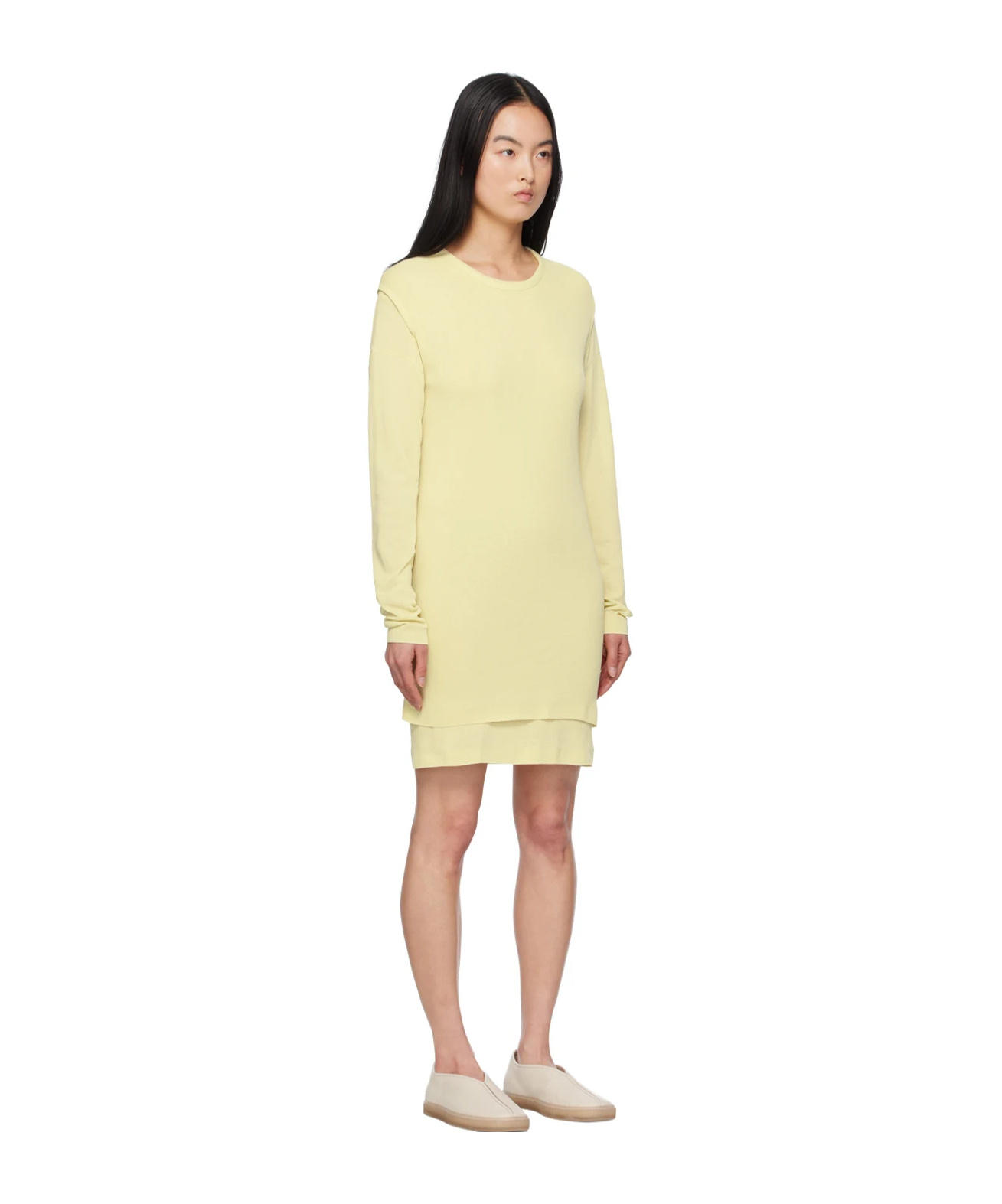 Lemaire Crew Neck Cotton Dress With Long Sleeves In Yellow