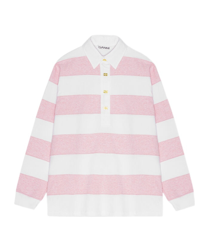 Ganni Striped Cotton Jersey Polo Sweater In White