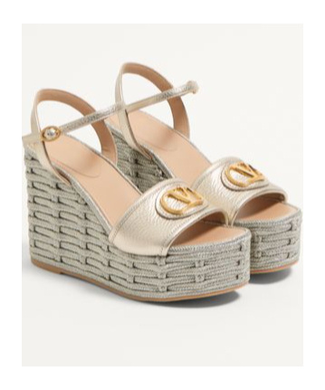 Valentino Garavani Vlogo Signature Wedge Sandal In Laminated Grainy Calfskin 120mm Woman Platinum 42 In Nude
