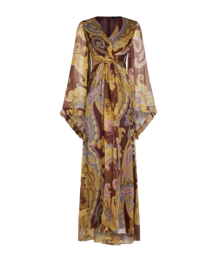 Etro Burgundy Printed Silk Long Dress In Brown
