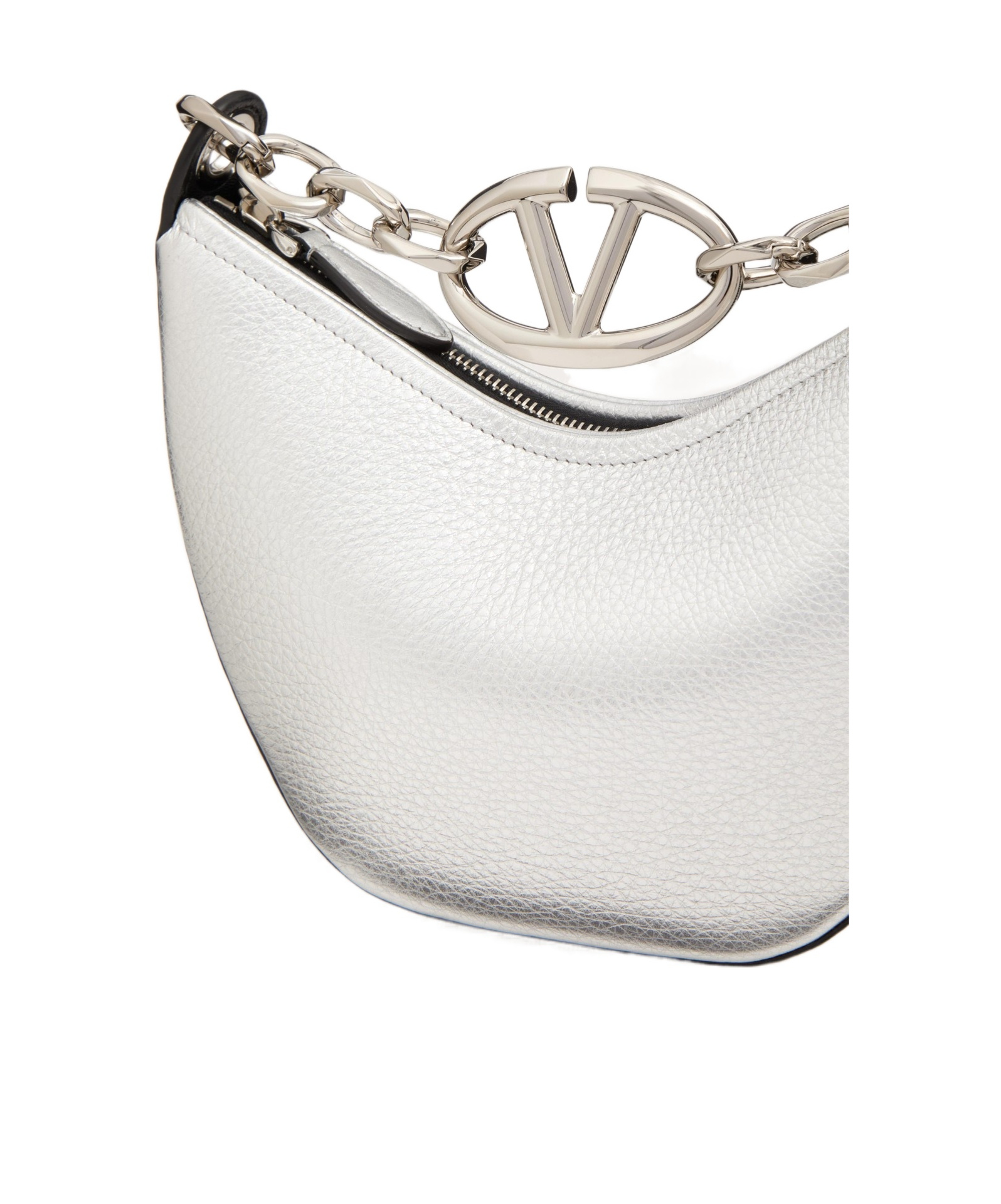 Shop Valentino Vlogo Moon Mini Hobo Bag In Metallic Grainy Calfskin With Chain In White