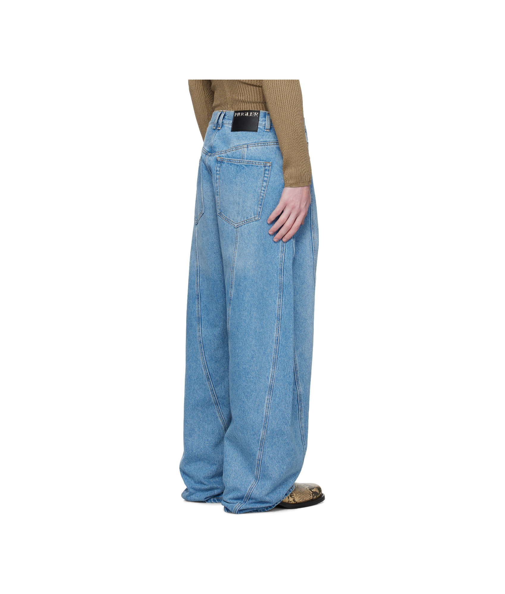 Mugler Water-washed Large-scale Spiral Denim Jeans In Blue