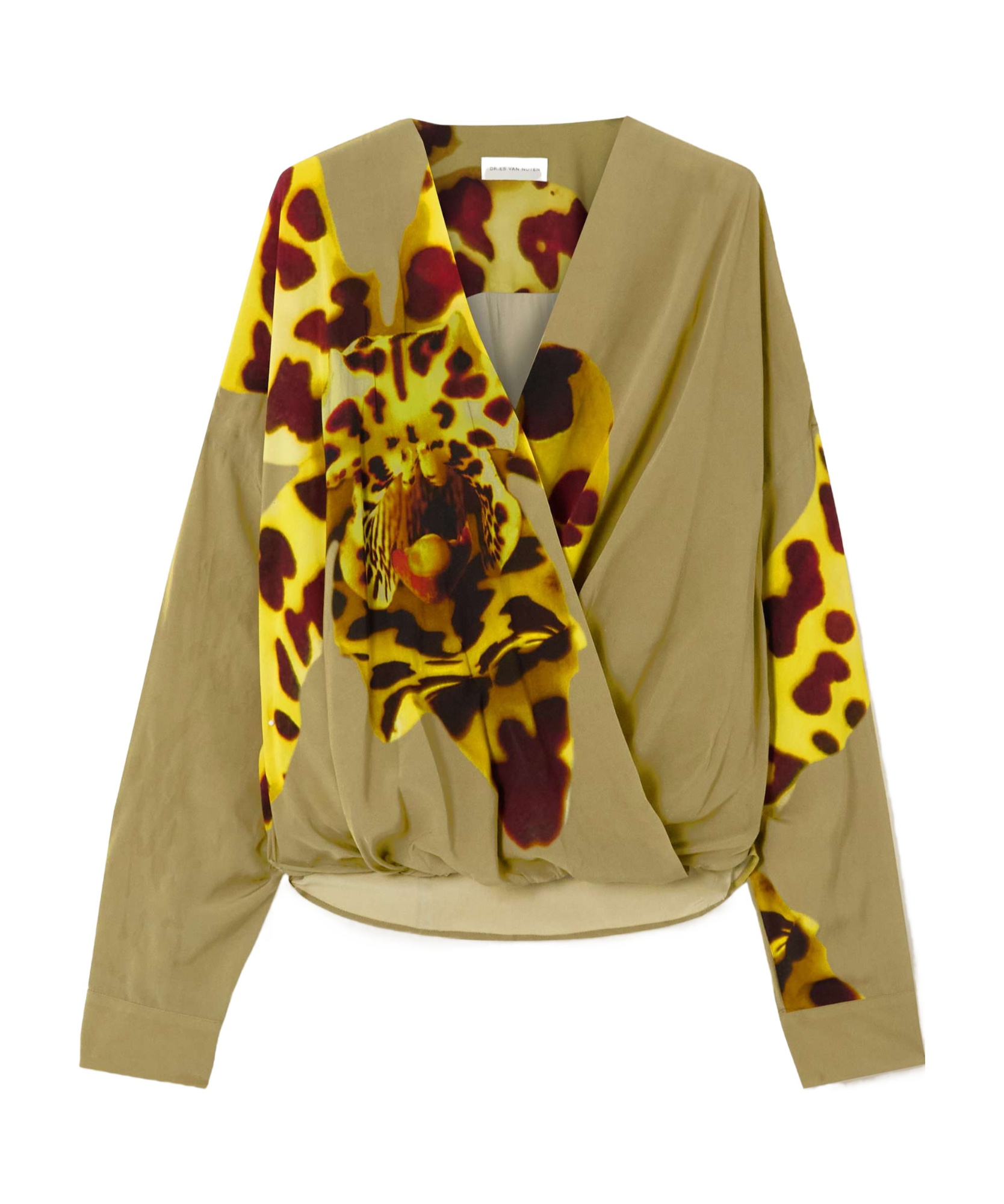 Dries Van Noten Camiel Leopard Orchid Print Faux Wrap Top In Green