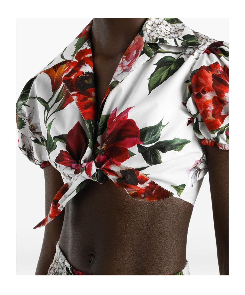Dolce & Gabbana Anemone Floral Popeline Puff-sleeve Tie Crop Shirt
