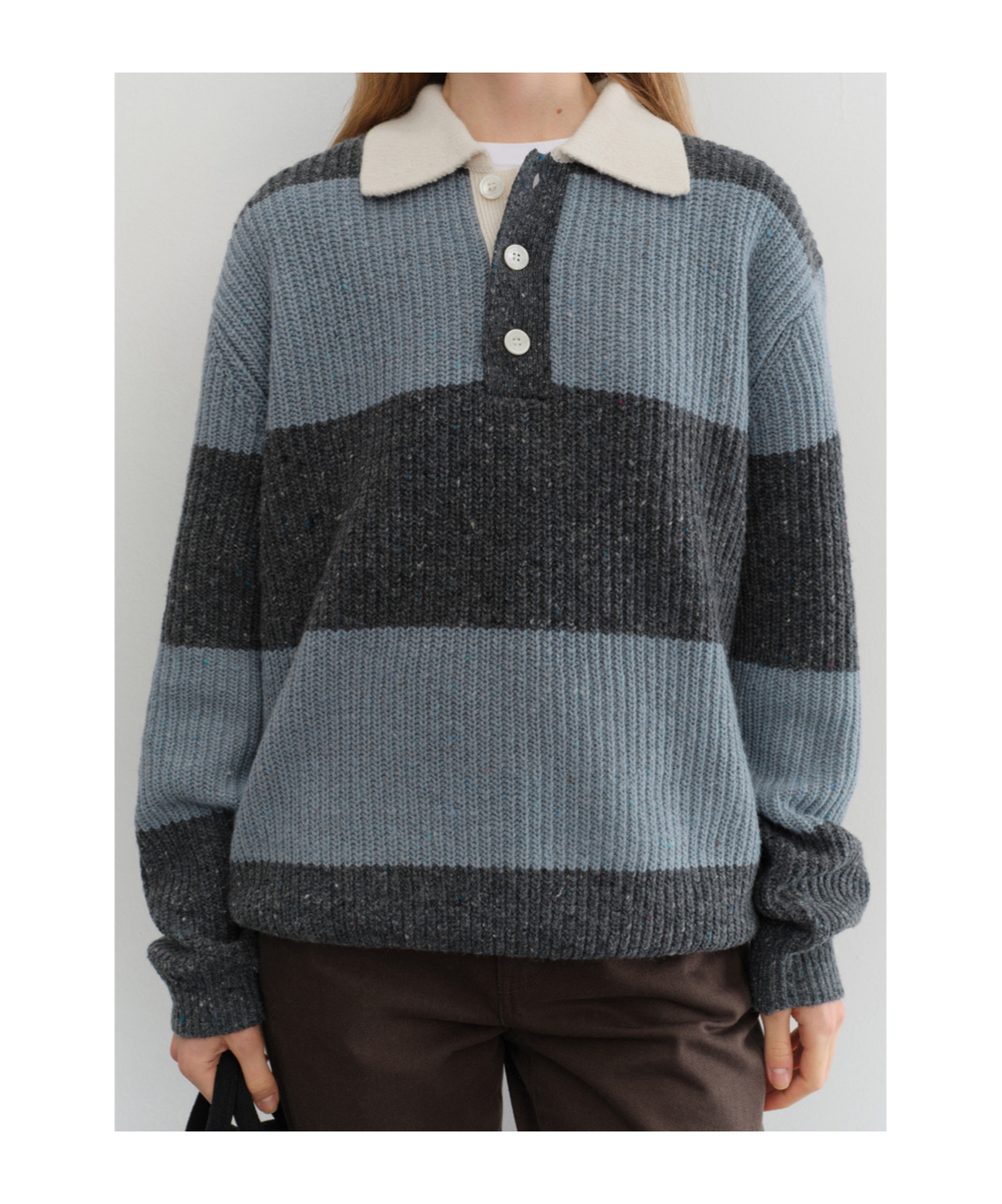 Dunst Long Sleeve Striped Crewneck With Contrast Collar In Gray