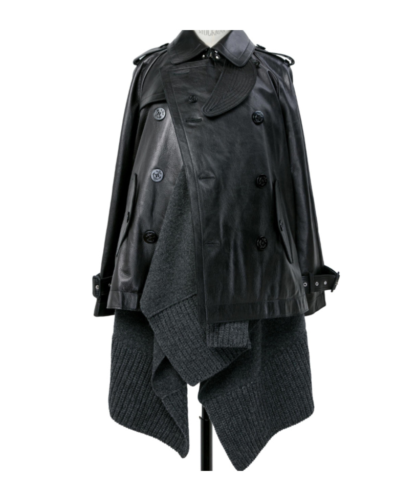 Sacai Leather X Wool Knit Jacket In Gray