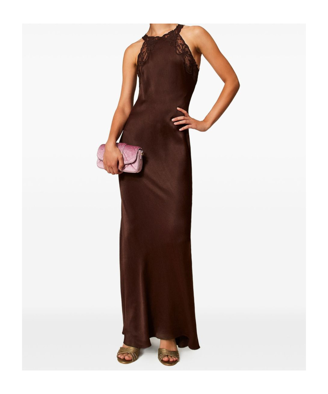 Twinset Brown Halterneck Long Dress With Lace Embellishment On The Rear In Viscose Woman In Brown