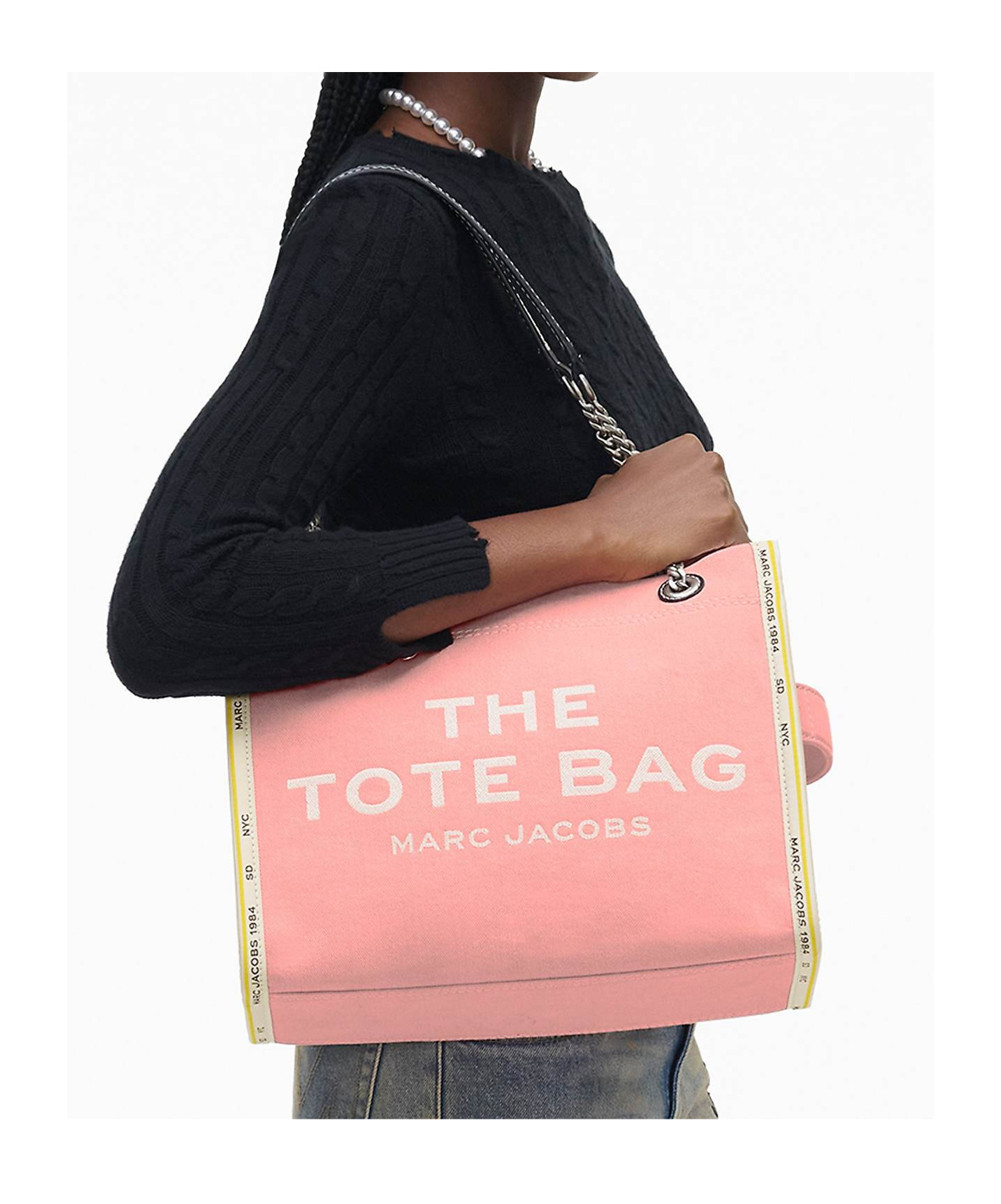 Marc Jacobs Pink Denim Bag With Logo And Chain Handles In Pink