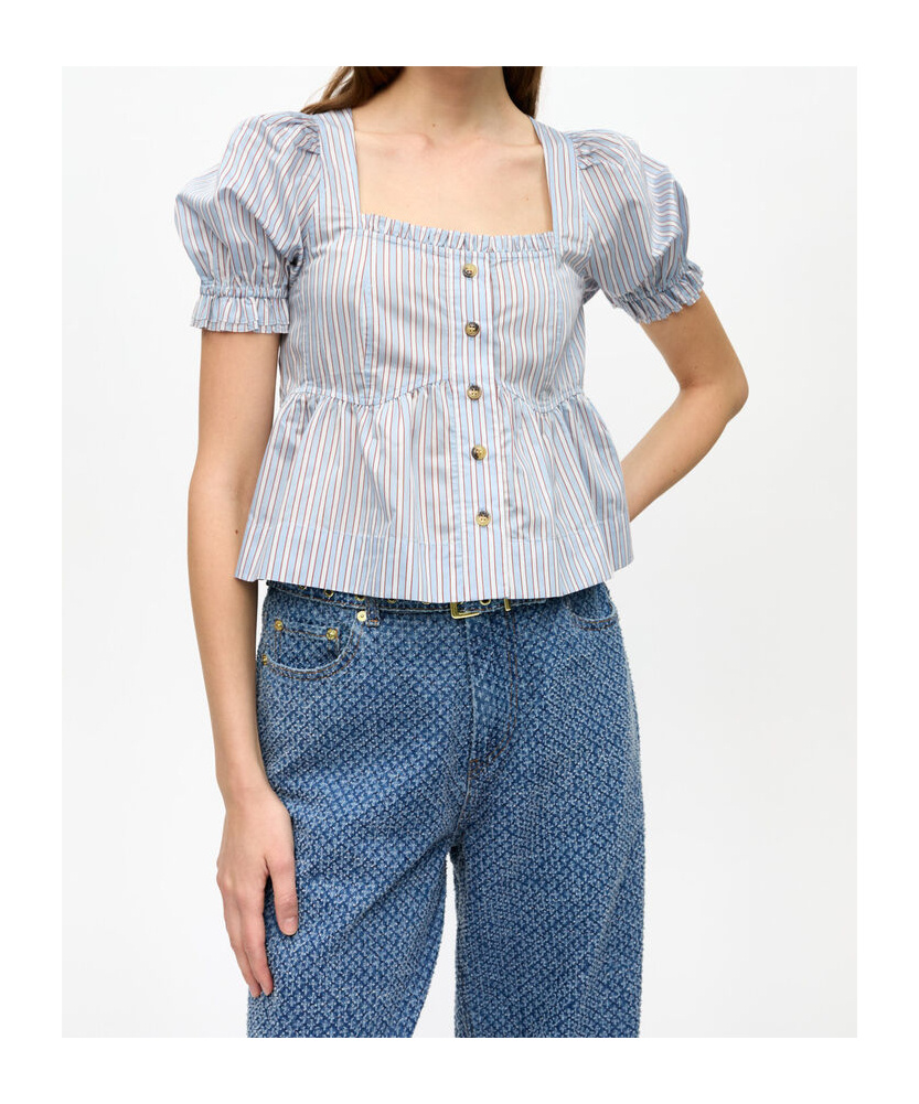 Ganni Yarn Dyed Stripe Blouse Shirts Light Blue In Soft Chambray