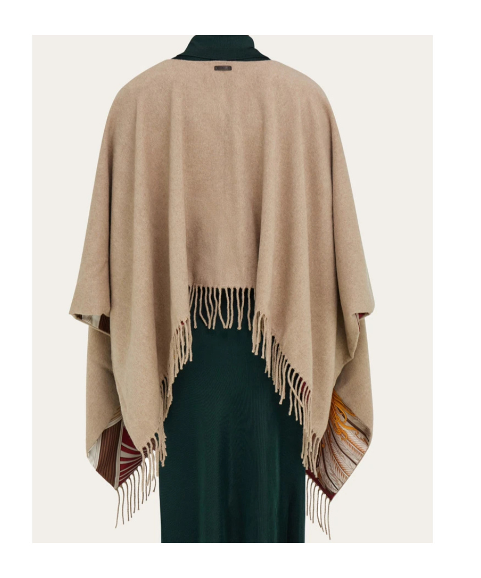 Ferragamo Cashmere And Giada Print Silk Reversible Cape In Brown