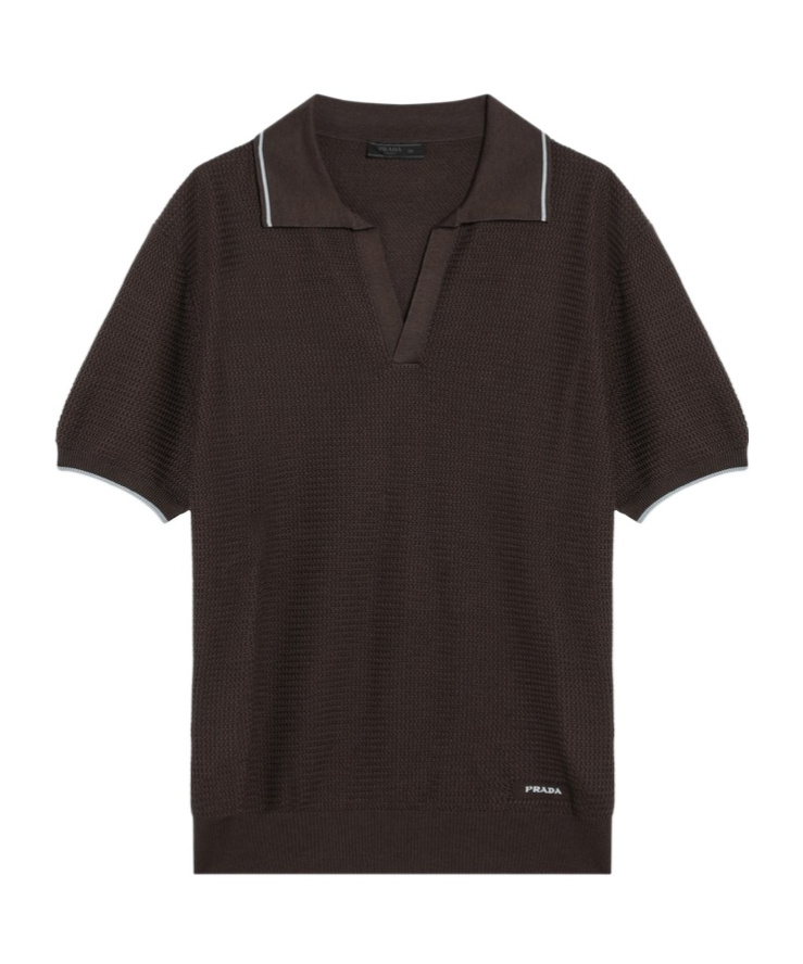 Prada Short-sleeved Polo In Brown Silk Blend In Black
