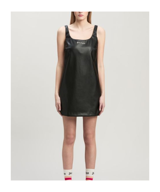 Palm Angels Leather-effect Logo Mini Dress In Black