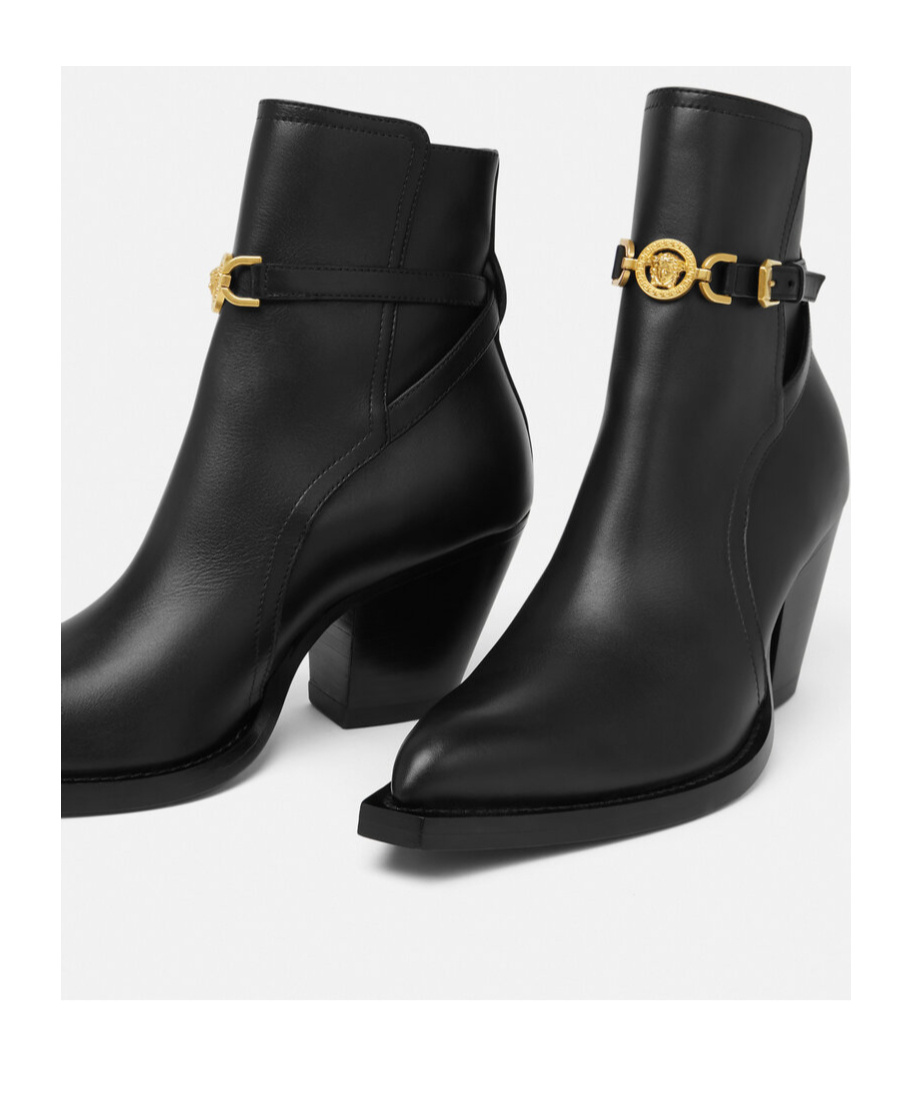 Shop Versace Thick Heel Ankle Boots In Black