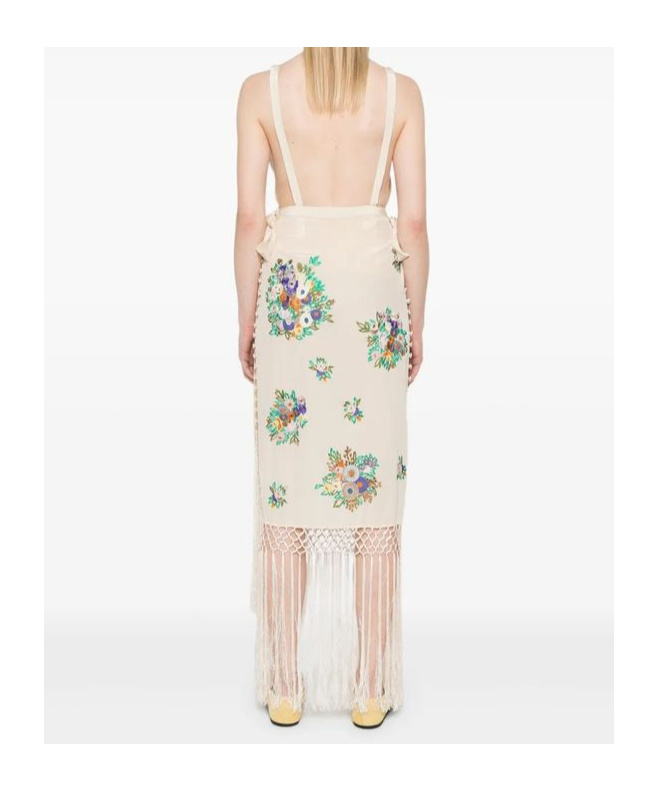 Bode Flower Language Backless Long Fringe Dress In Light Brown