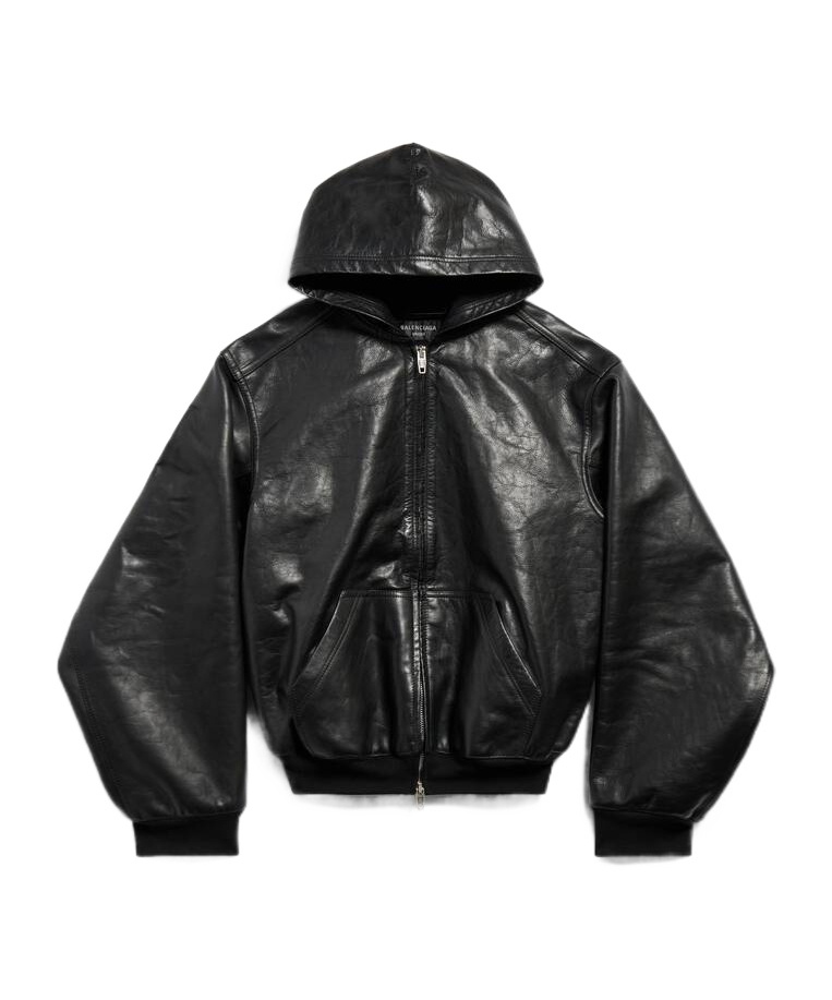 Balenciaga Leather Hooded Bomber Jacket In Black