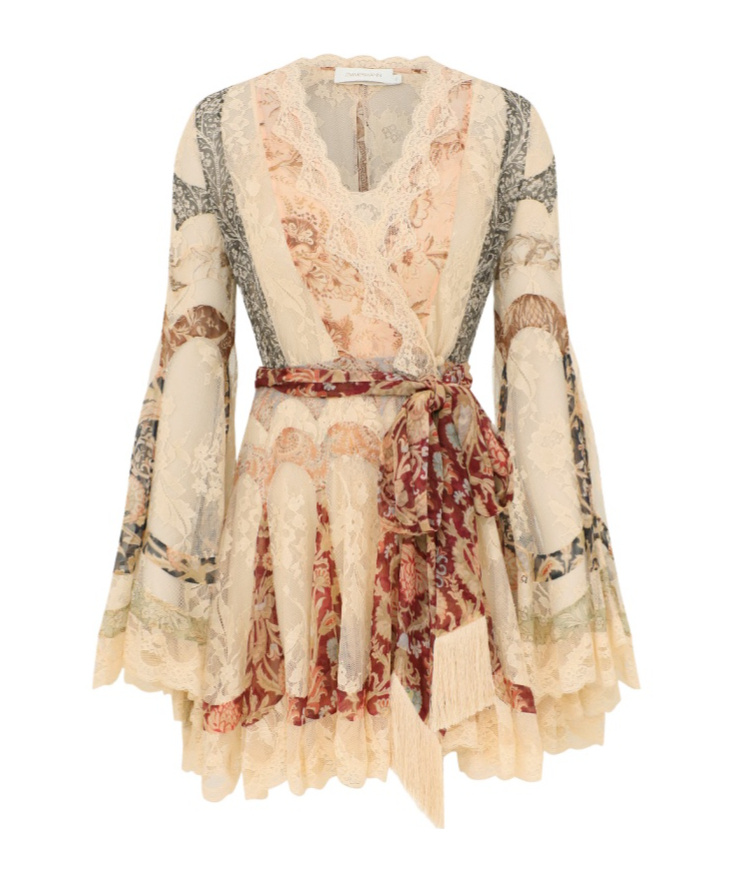 Zimmermann Lacepanel Wrapfront Bellsleeve Mini Dress In Splicing Flowers
