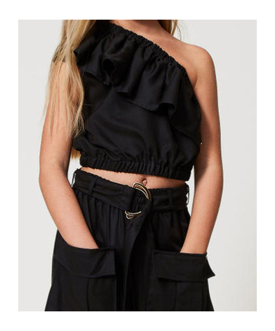 Twinset Slated Shoulder Top With Flounce In Black