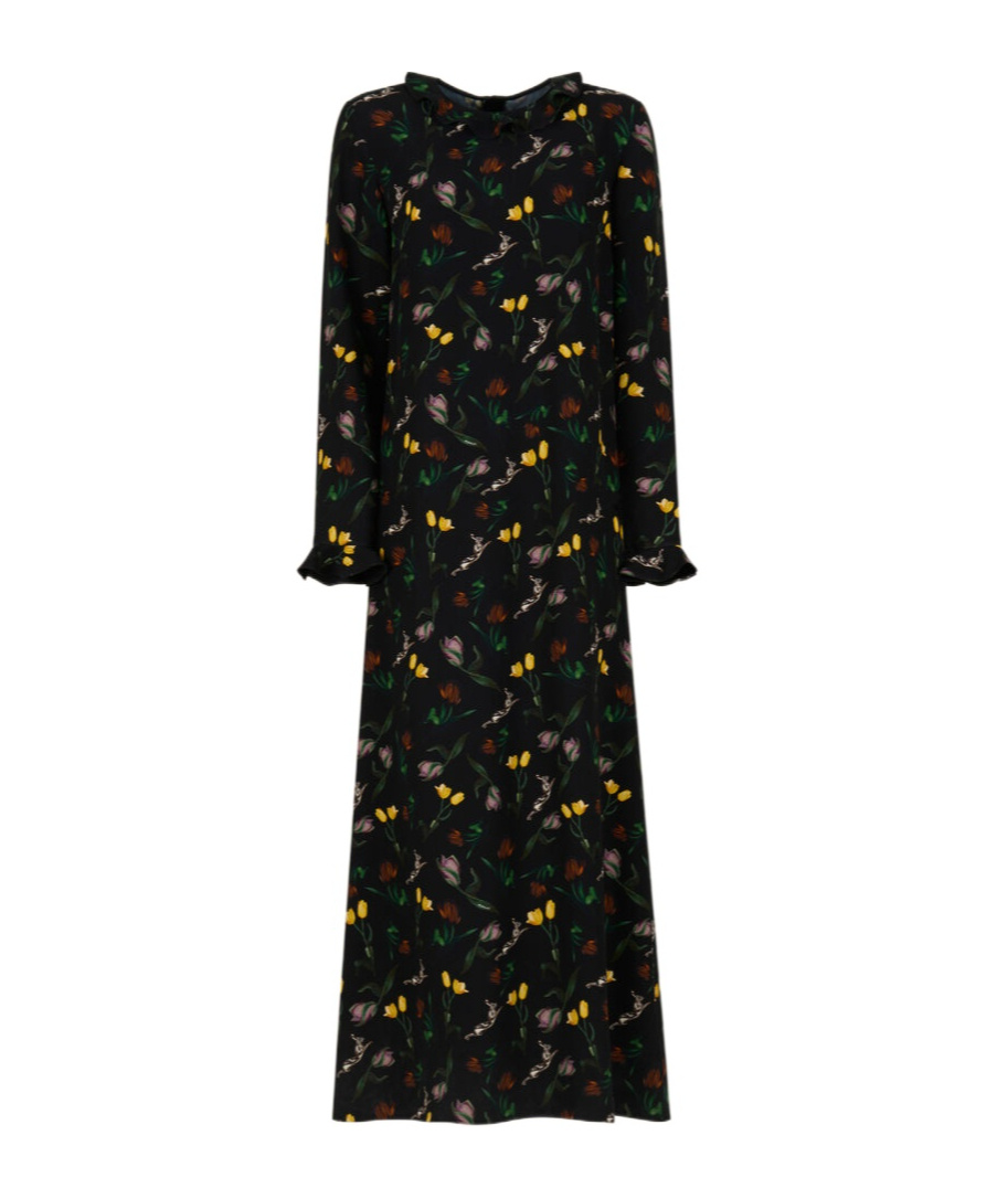 Marni Black Envers Satin Maxi Dress With Tulips And Hares Print In Black