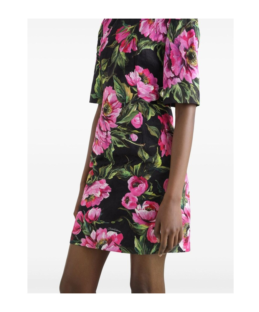 Dolce & Gabbana Black Floral Cotton Dress With Peonies In Black
