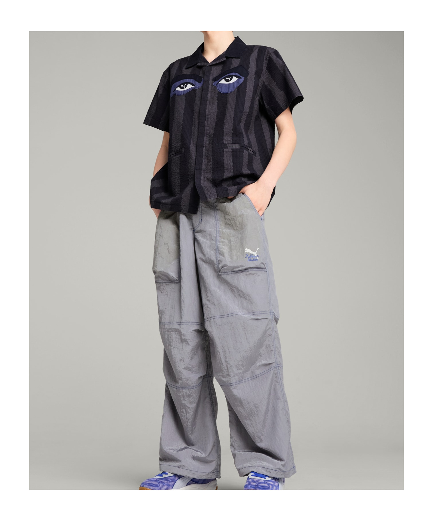 Puma X Kidsuper Stripe Cotton Seersucker Camp Shirt In Navy Blue
