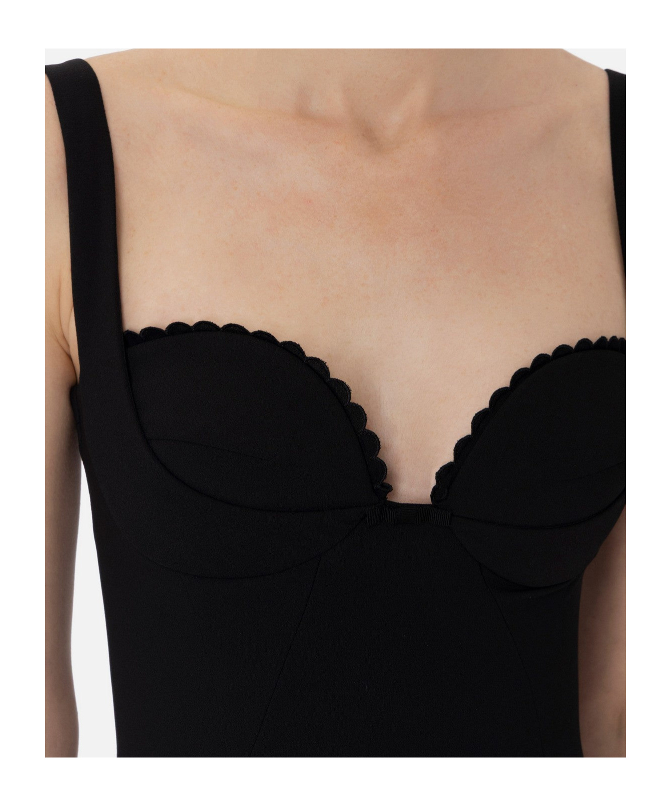 Elisabetta Franchi Double Stretch Crepe Dress With Embroidered Scalloping In Black