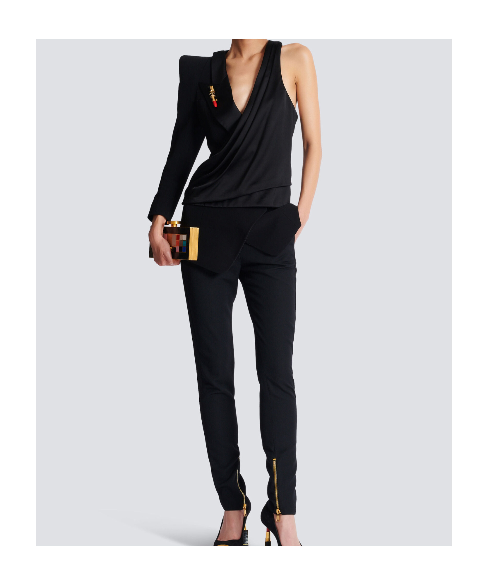 Shop Balmain Asymmetric Dress With Structured Shoulder In Black