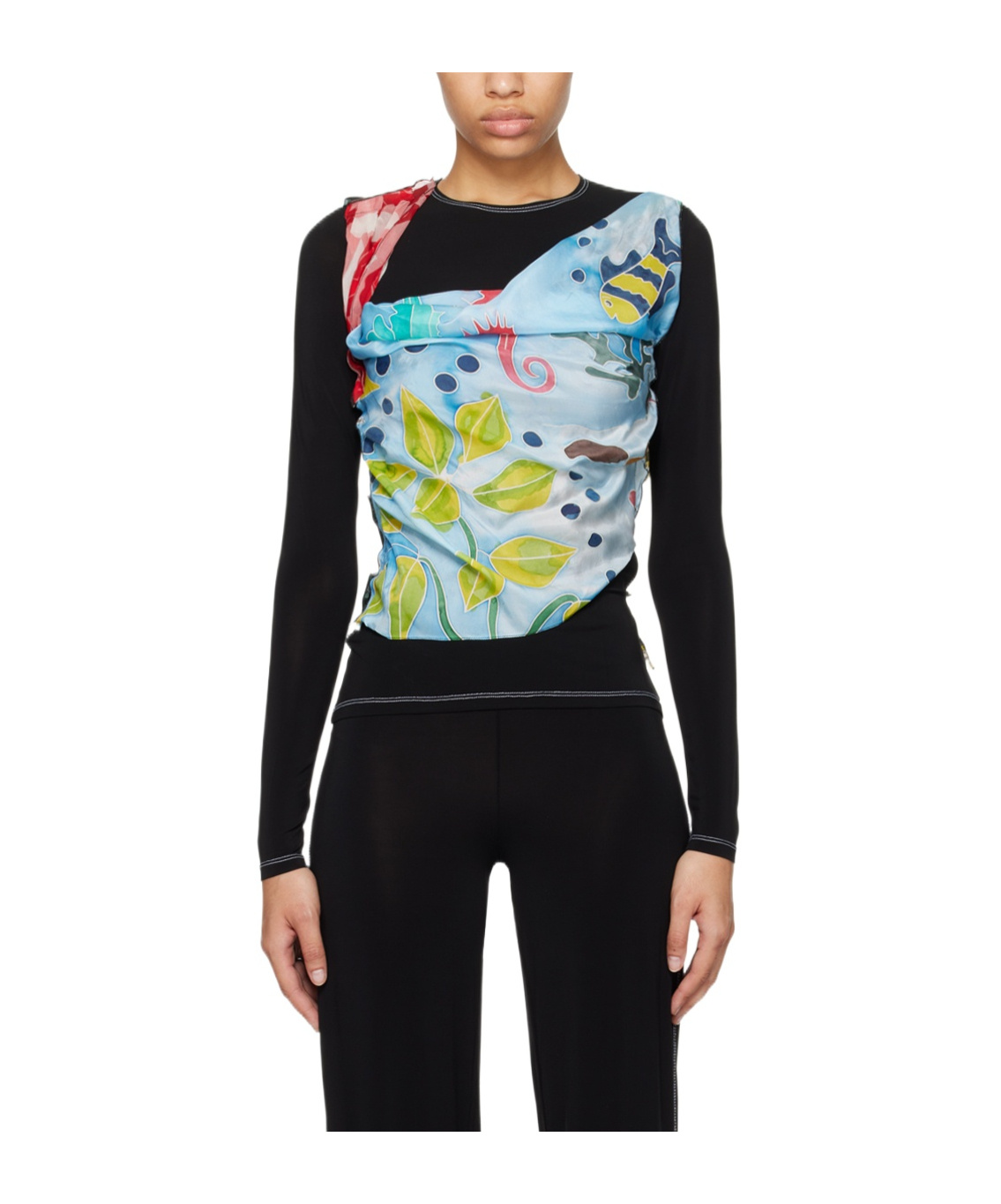 Marine Serre Round Collar And Long-sleeved T-shirt In Black