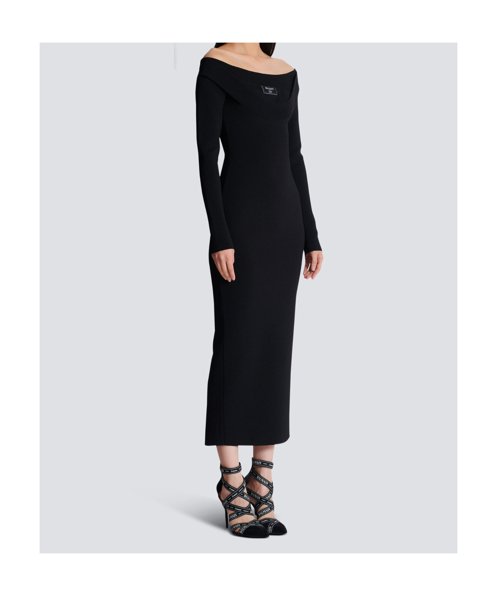 Balmain Double Collar Knit Zipped Midi Dress In Black