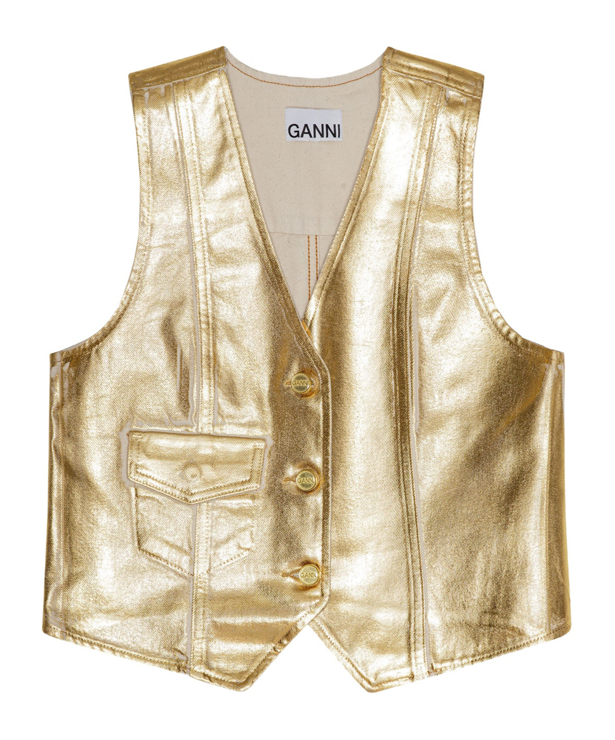 Ganni Gold Vest With Branded Buttons In Laminated Denim Woman In Nude