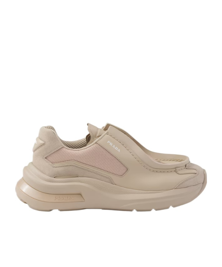 Prada Systeme Brushed Leather Sneakers With Bike Fabric And Suede Elements In Nude
