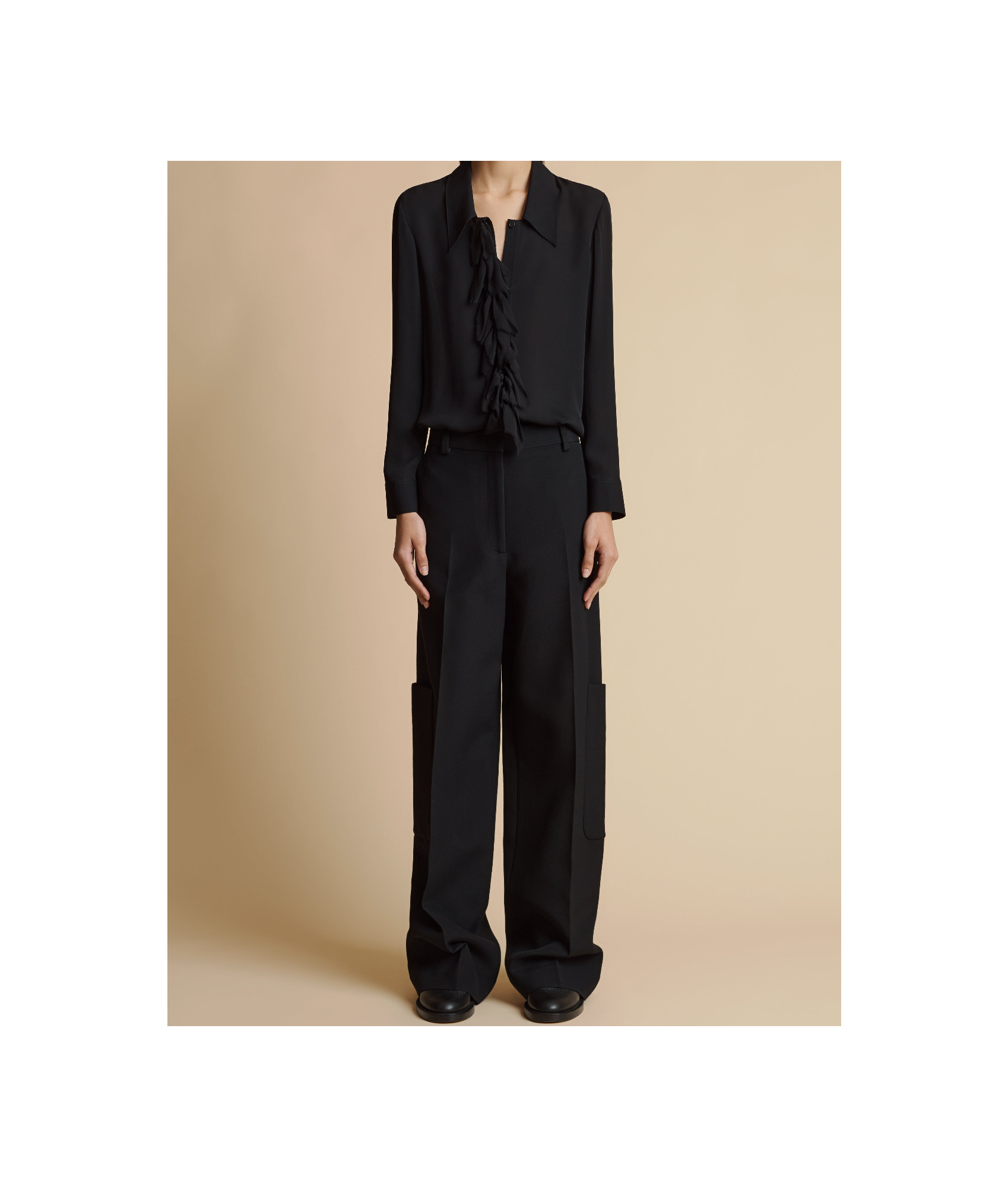 Khaite Ruffled Collared Sheer Fabric Long Sleeve Top In Black