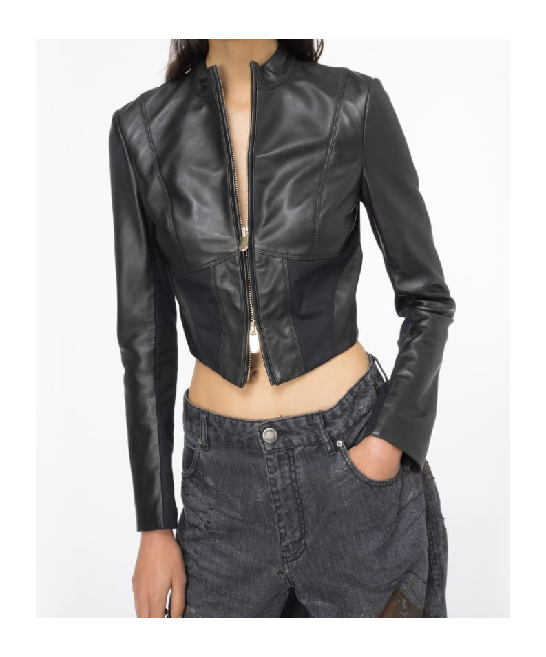 Pinko Zip-up Mock Neck Cropped Jacket In Black