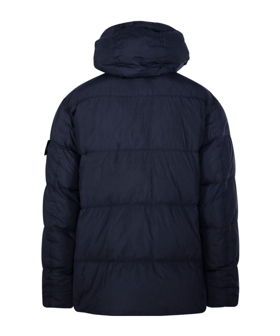 Stone Island Blue Down Jacket With Drawstring Hood And Logo Patch On The Sleeve In Tech Fabric Man In Blue