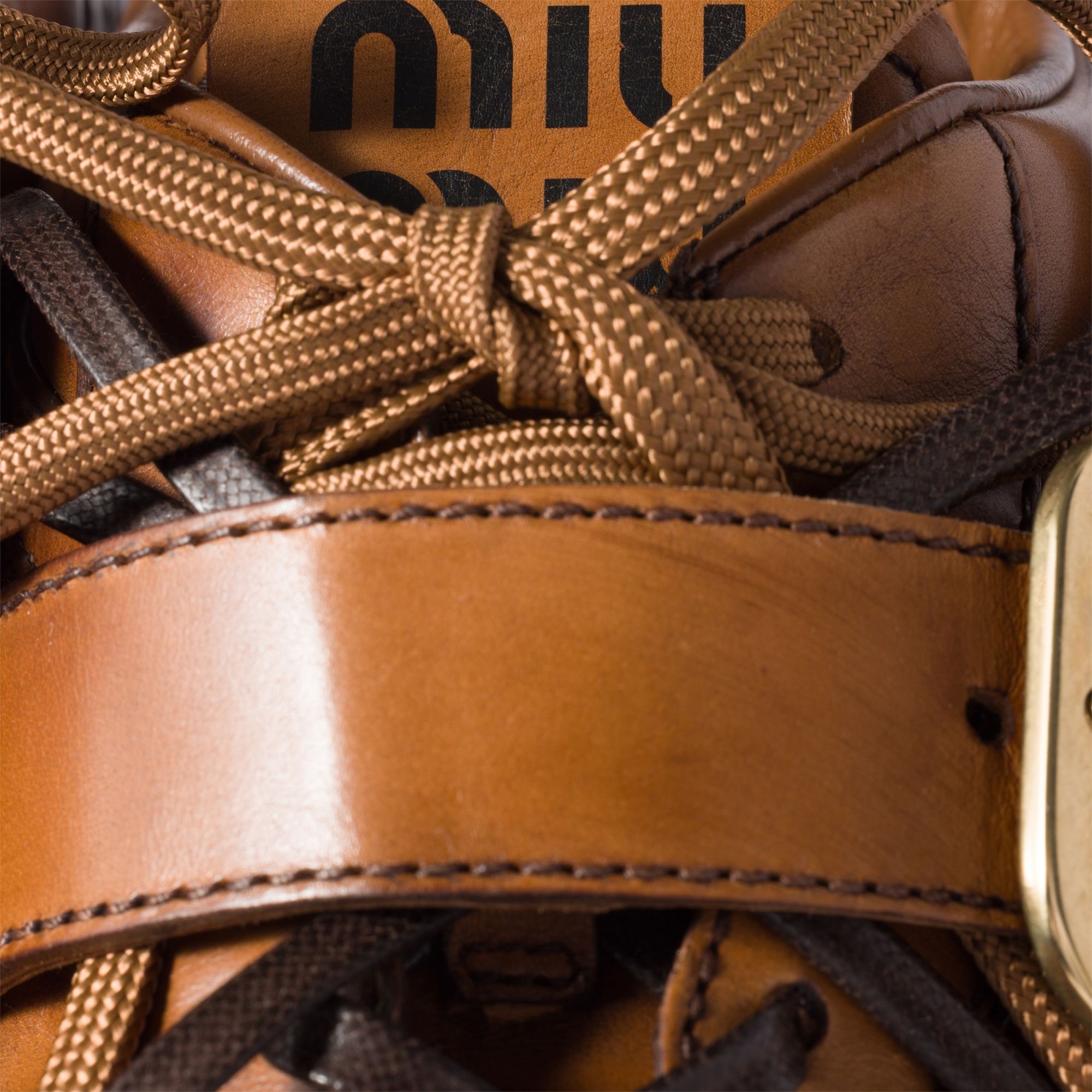 Miu Miu Cognac-colored Leather Sneakers With Buckle In Multi