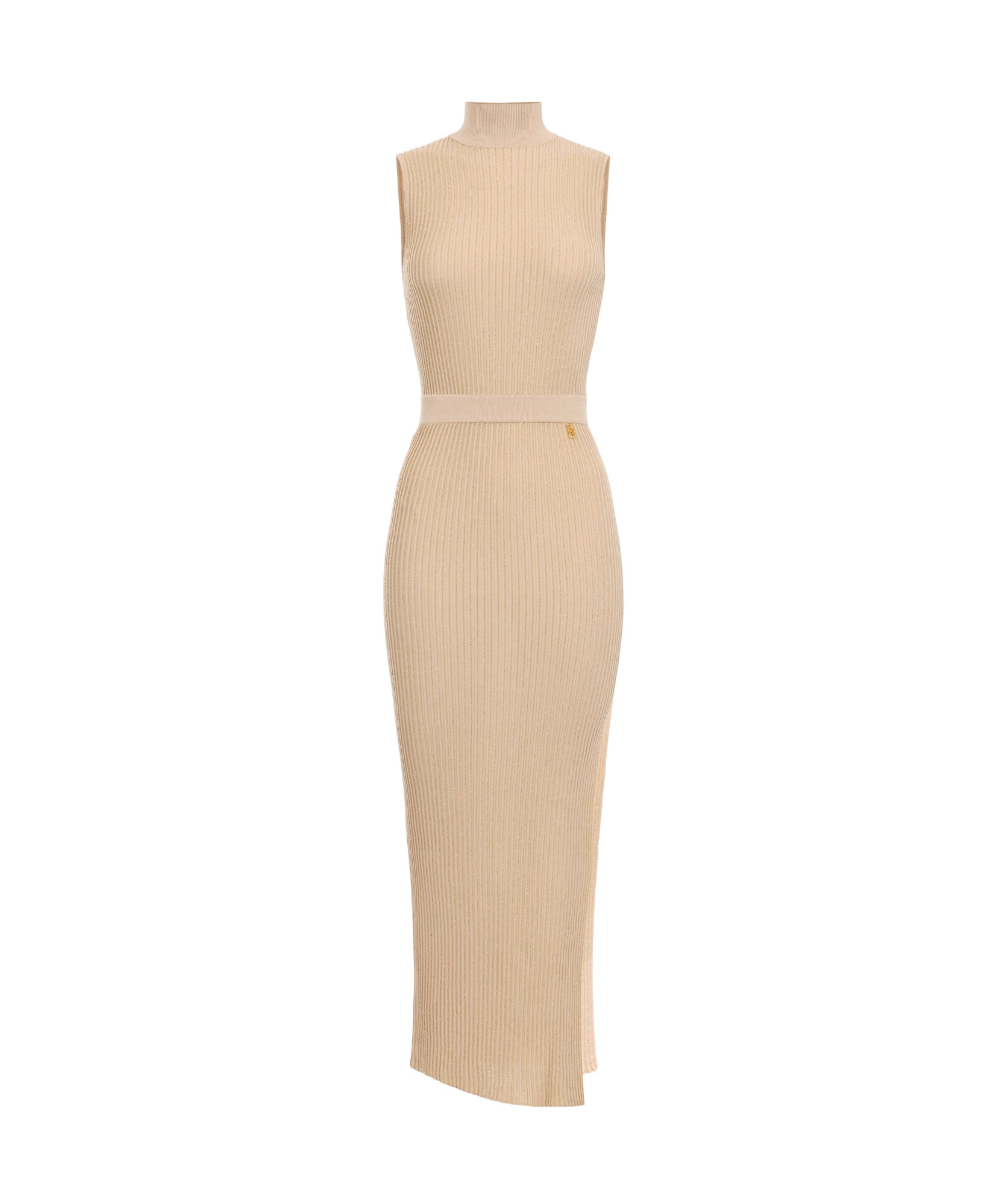 Elisabetta Franchi Ribbed High-neck Maxi Dress In Nude