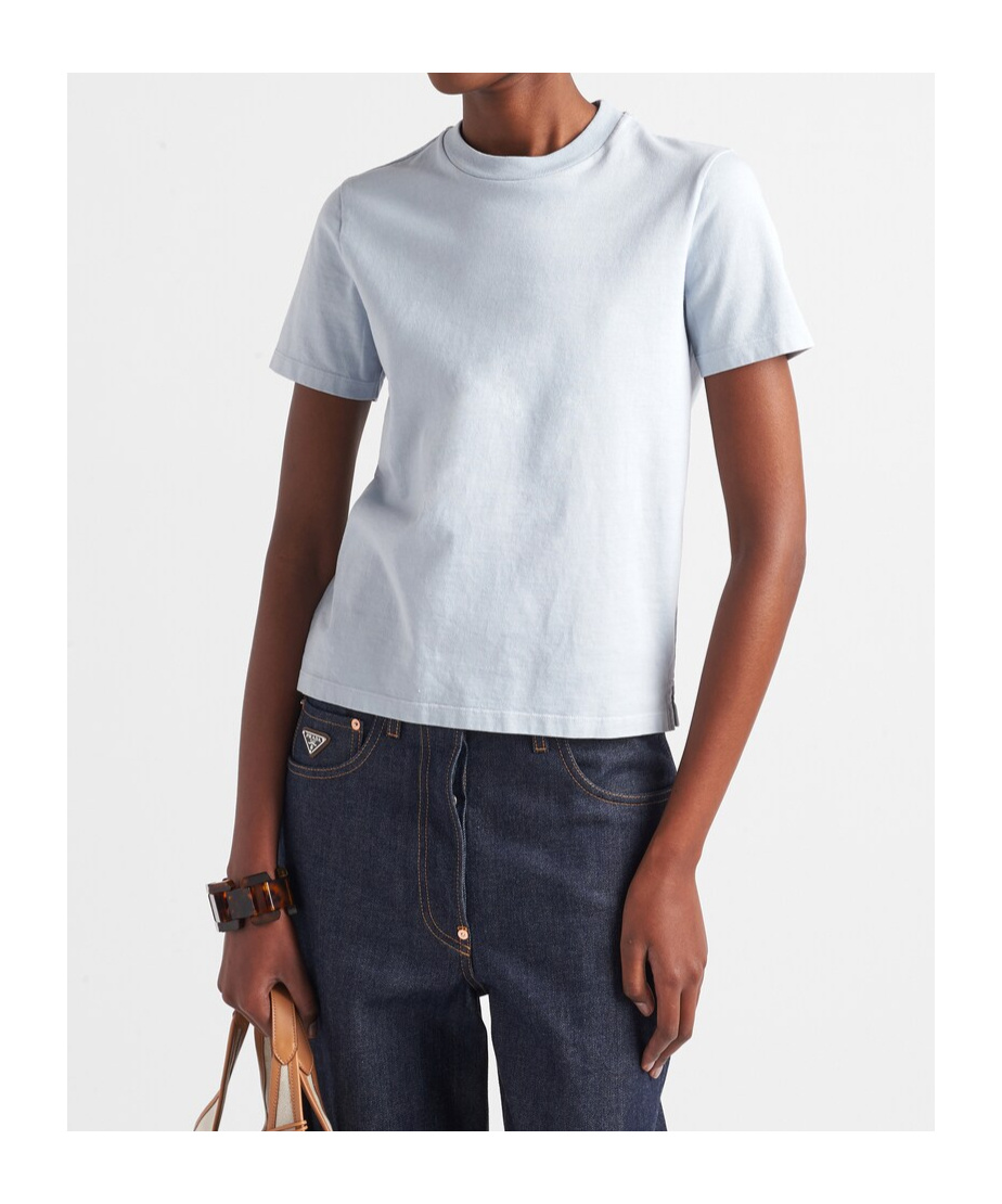 Prada Washed Cotton T-shirt With Short Sleeves In Blue