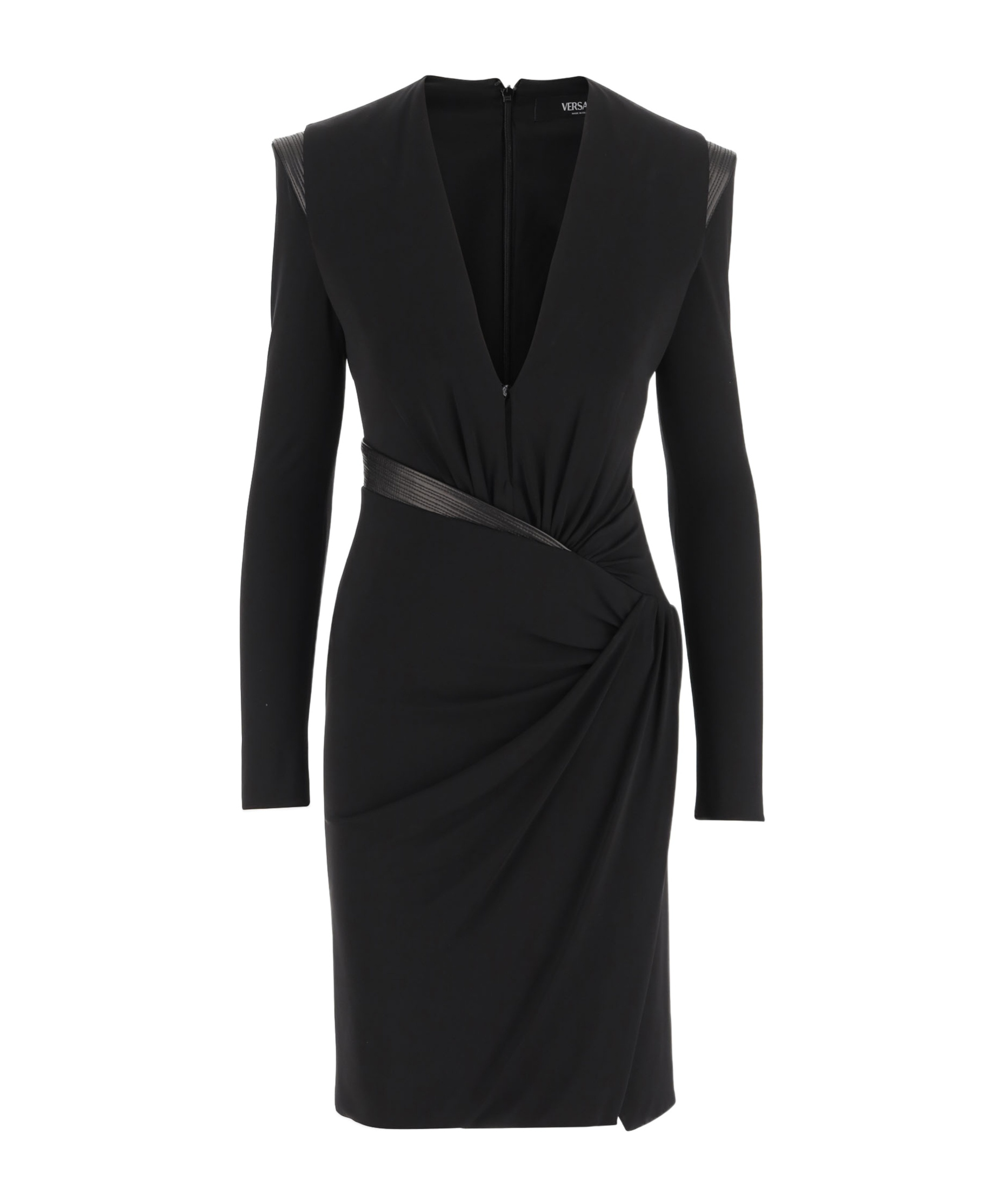 Versace Ruched Deep V-neck Mini Dress In Black