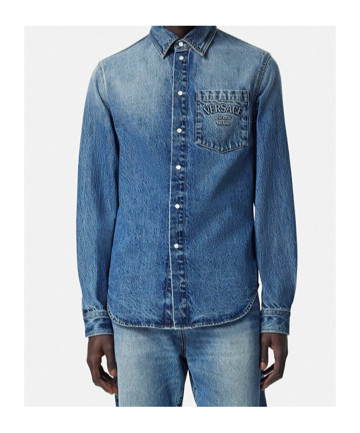 Versace Indigo Blue Washed Denim Shirt With Embossed Logo