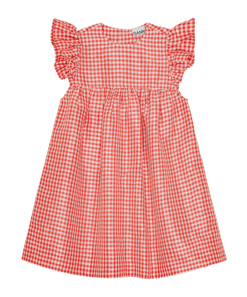 Ganni Red Crinkled Check Taffeta Dress
