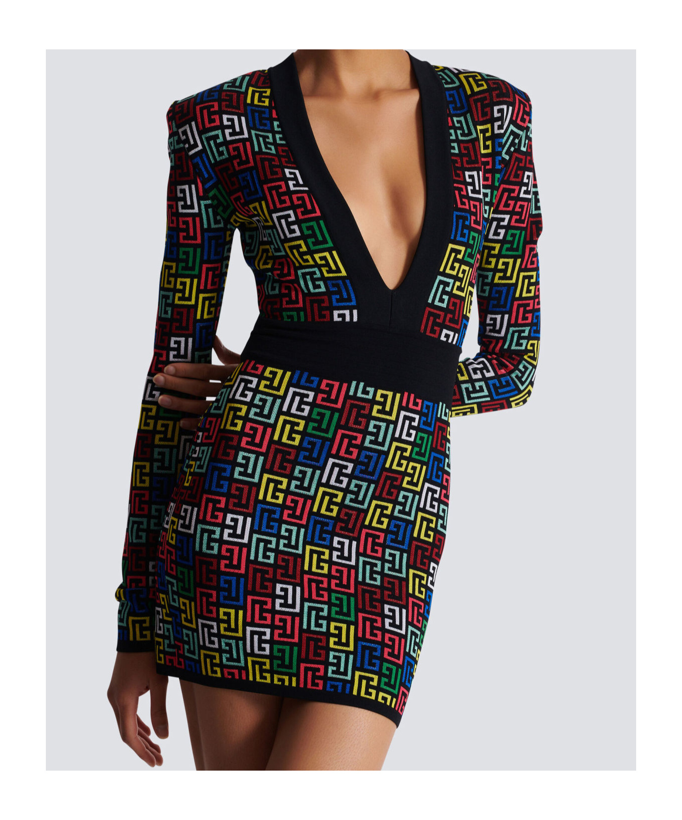 Balmain Knit Dress With Monogram And Geometric Pattern In Black
