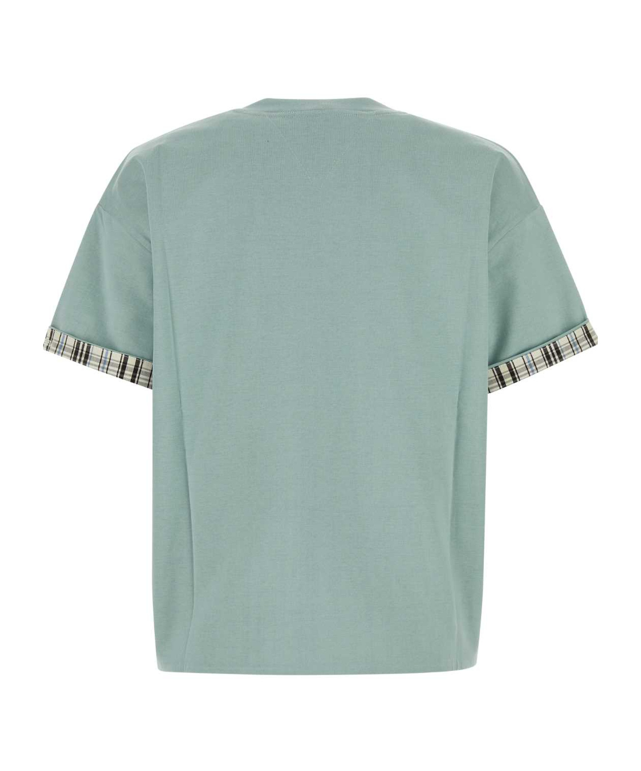 Bottega Veneta Cotton T-shirt With Checked Trim And Foldable Cuffs In Steel Blue/chalk Color/light Color