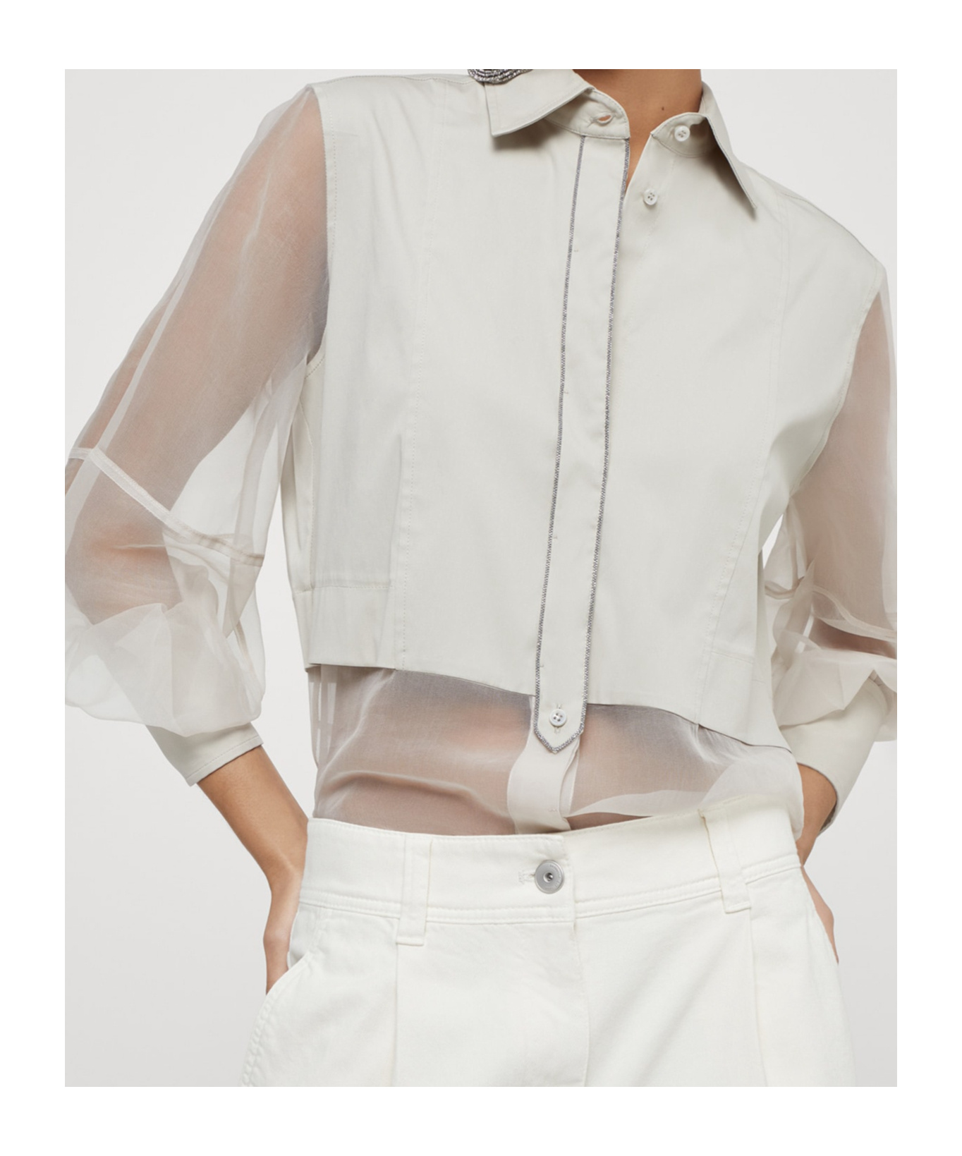Brunello Cucinelli Panelled Long-sleeved Poplin Shirt In White