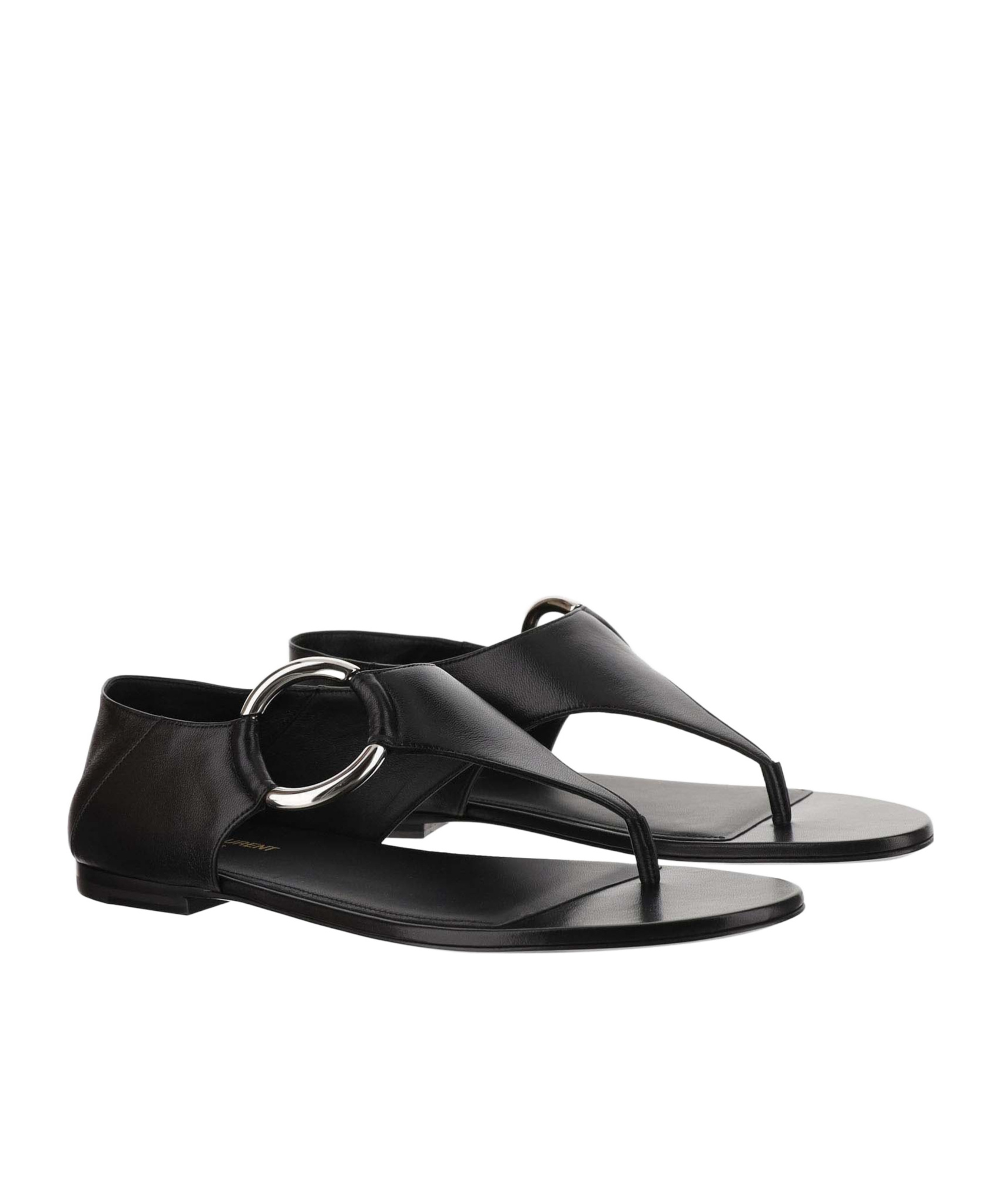 Saint Laurent Ring Leather Flat Sandals In Black
