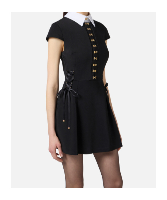 Elisabetta Franchi Mini Dress With Contrasting Collar And Decorative Clasps In Black