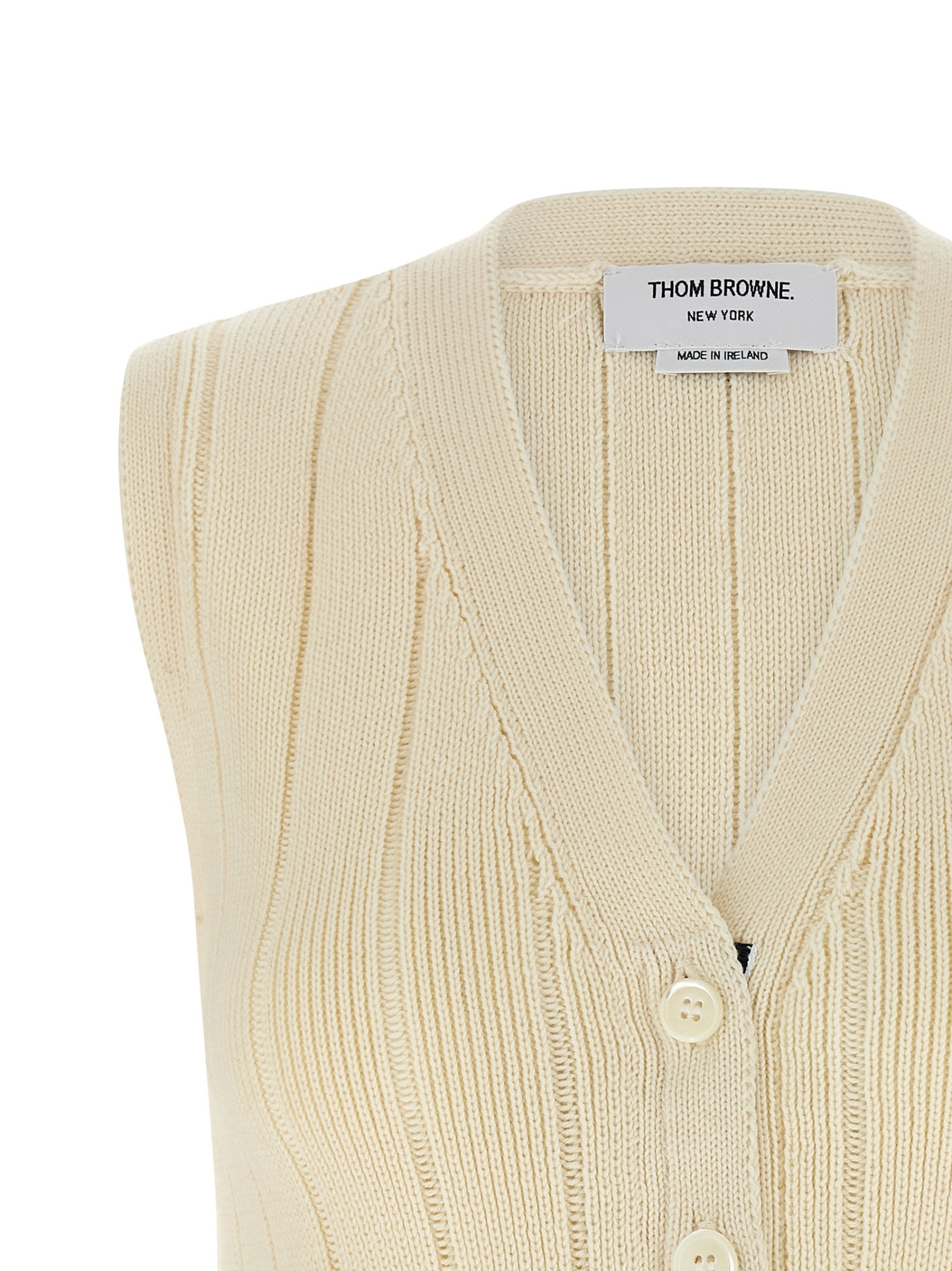 Thom Browne Sleeveless V-neck Ribbed Striped Vest In Neutral
