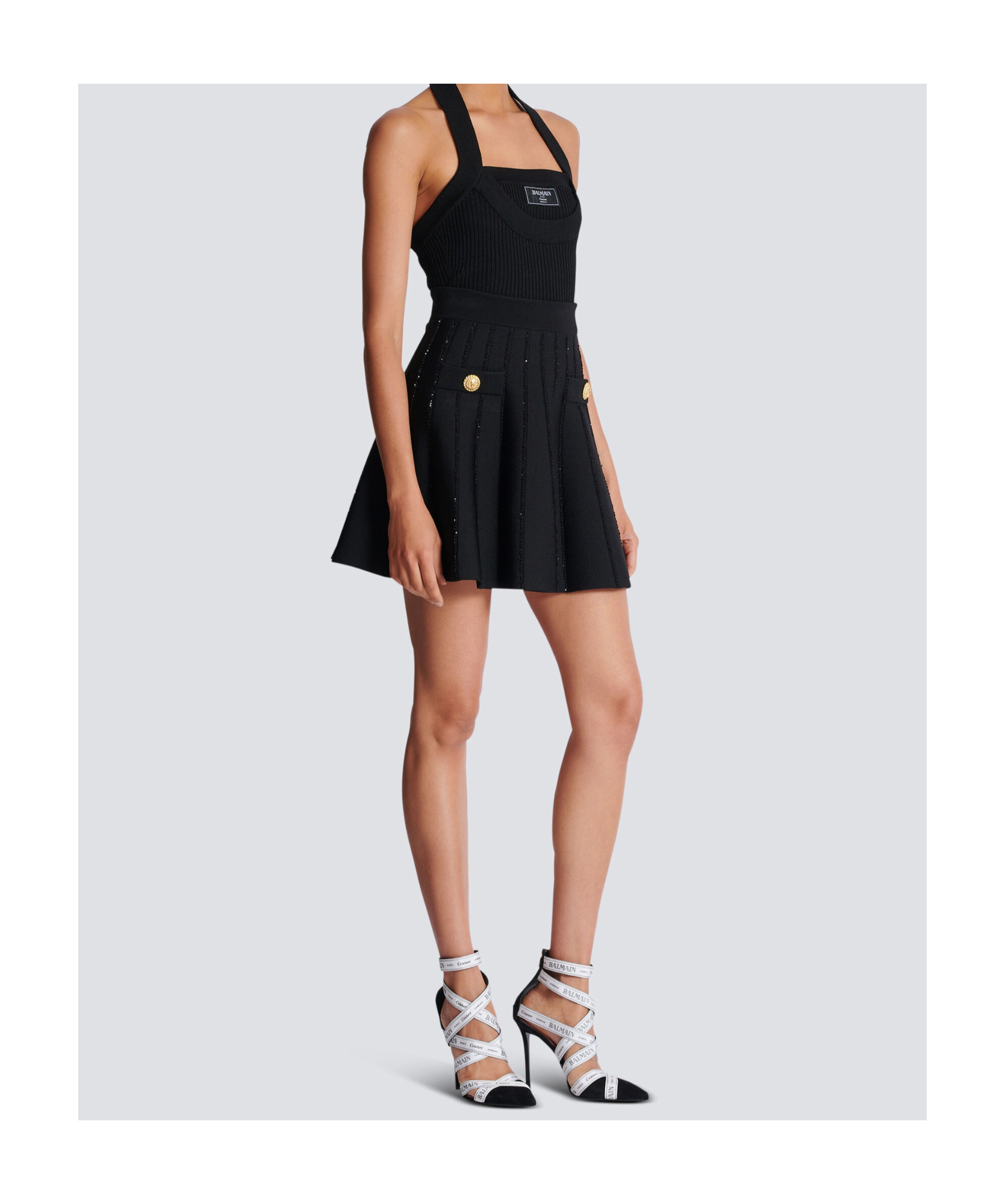Shop Balmain Flared Knit Skirt With Sparkly Stripes In Black