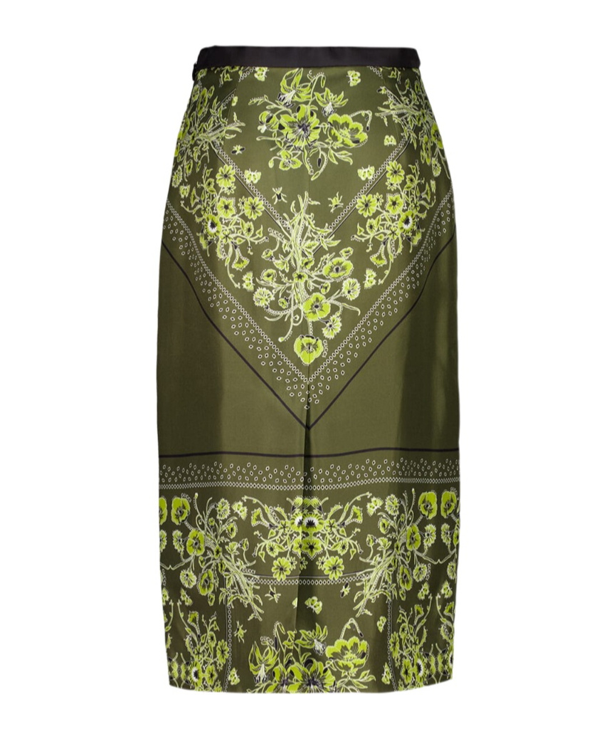 Gucci Womens Forest Green Brown Floral Slit Silk Midi Skirt In Green